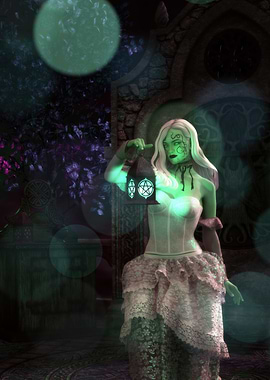 Green Witch with Lantern in Garden