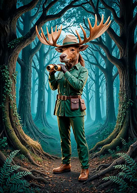 Moose Ranger in Forest with Binoculars