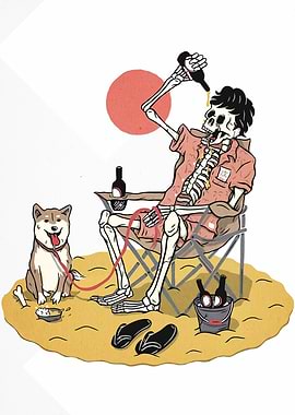 Skeleton chilling with dog on beach