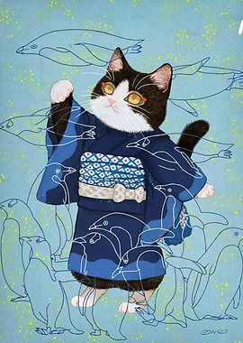 Cat in Kimono with Penguins
