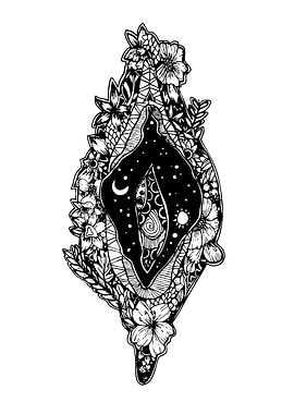 Floral Vulva Black and White Art