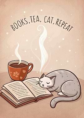 Books, Tea, Cat, Repeat Illustration
