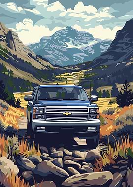 Blue Truck in Mountain Landscape