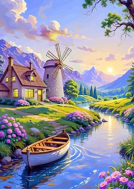 Picturesque Landscape Windmill River