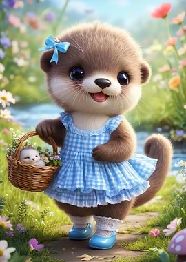 Cute Otter with Basket in Meadow