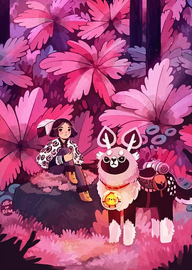 Girl and creature in pink forest
