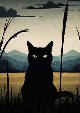 Black Cat in Field Landscape