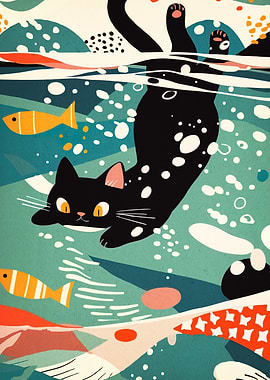 Cartoon Cat Swimming with Fish