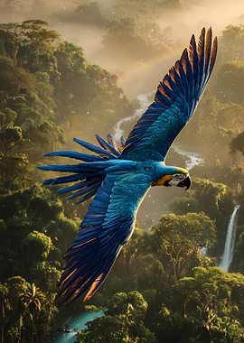 Blue Macaw in Flight over Jungle