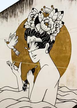 Woman with Birds and Floral Crown