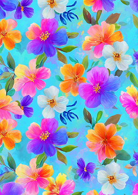 Colorful Floral Pattern on Blue Background