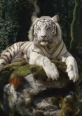 White Tiger Resting on Mossy Rock