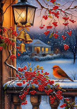 Winter Berries and Bird Scene