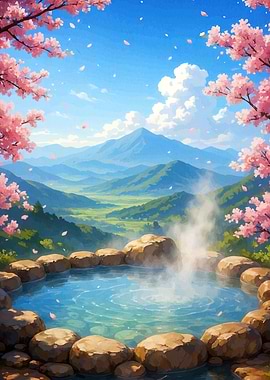 Scenic Hot Spring Cherry Blossoms