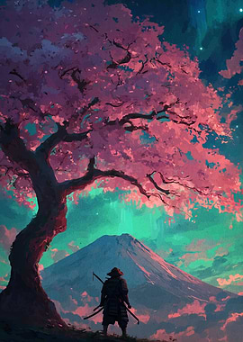 Samurai under Cherry Blossom Tree