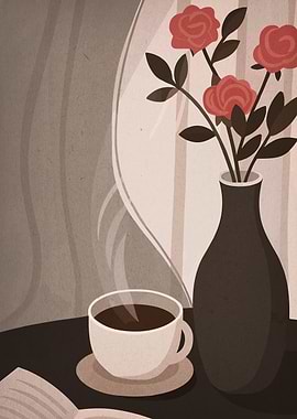 Coffee, Roses, and a Book Still Life