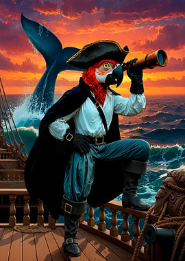Parrot Pirate on Ship with Spyglass