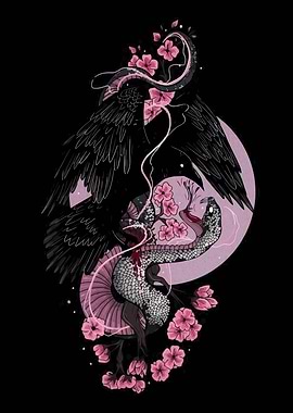Raven and Snake with Cherry Blossoms