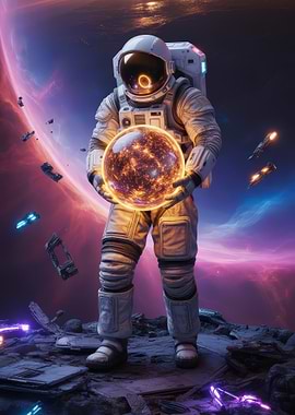 Astronaut Holding Glowing Orb in Space