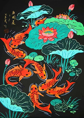 Koi Fish and Lotus Pond Painting