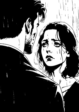 Monochrome Comic Style Couple in Rain