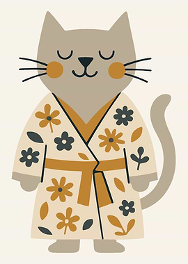 Cat in Floral Robe Illustration