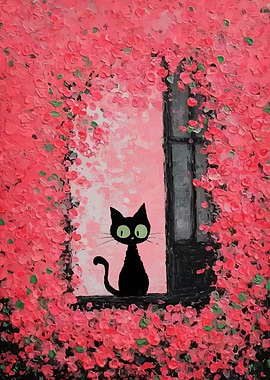 Black Cat in Floral Window Painting