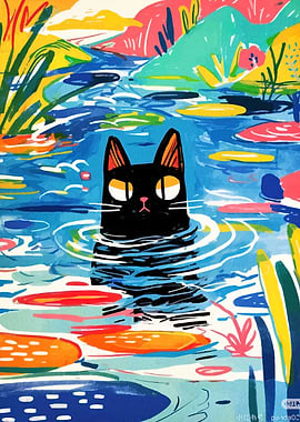 Black Cat Swimming in Colorful Pond