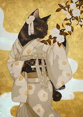 Cat in Kimono with Floral Branch