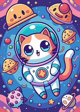 Astronaut Cat in Space Cartoon