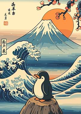 Penguin and Mount Fuji Ukiyo-e Style