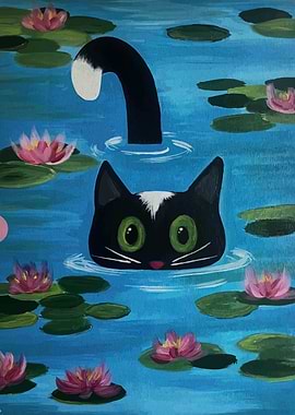 Cat in Lily Pond Painting