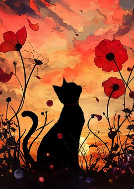 Black Cat in Poppy Field