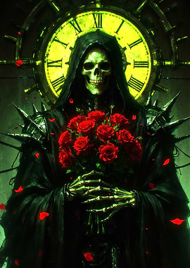 Grim Reaper with Roses and Clock