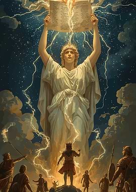 Divine Figure Tablets Above Crowd