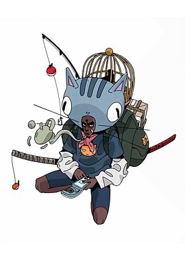 Cartoon Character with Cat Hat and Gear