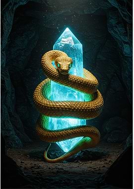 Snake coiled around glowing crystal