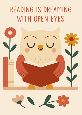 Reading Owl with Flowers Illustration