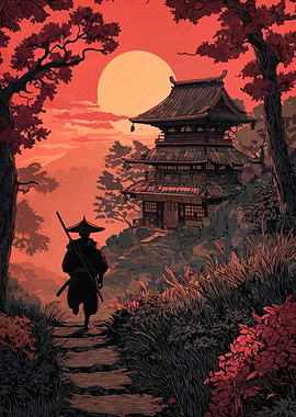 Samurai and Temple at Sunset