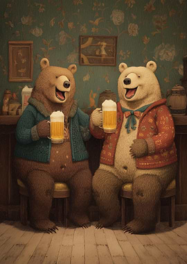 Two Bears Drinking Beer at Bar