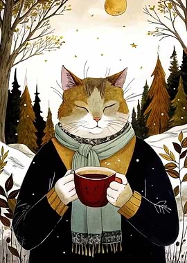 Cozy Cat with Coffee in Winter
