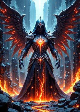 Winged Warrior in Fiery Landscape