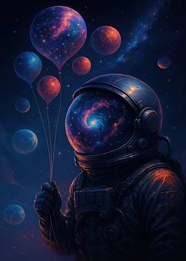 Astronaut with Galaxy Balloons in Space
