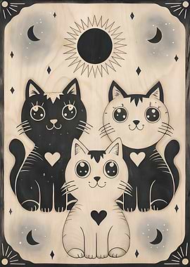 Three Cats with Sun and Moon