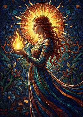 Stained Glass Woman with Flame