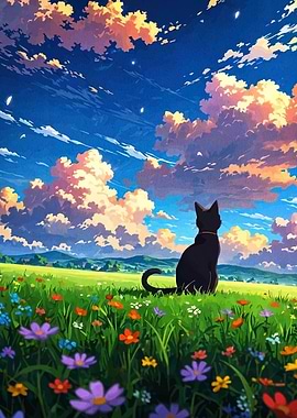 Black Cat in Flower Field