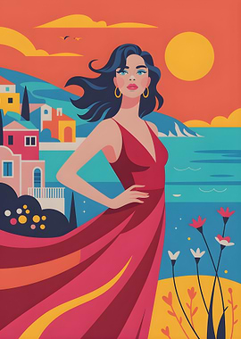 Woman in Red Dress by Seaside