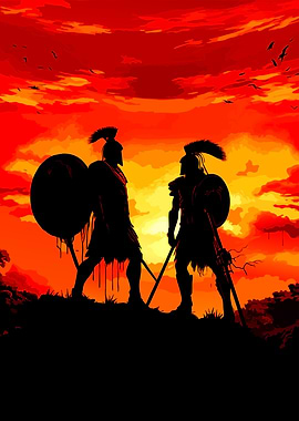 Silhouette of Two Warriors at Sunset