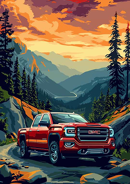 Red GMC Truck in Mountain Landscape