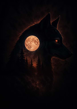 Wolf Silhouette with Moon and Forest